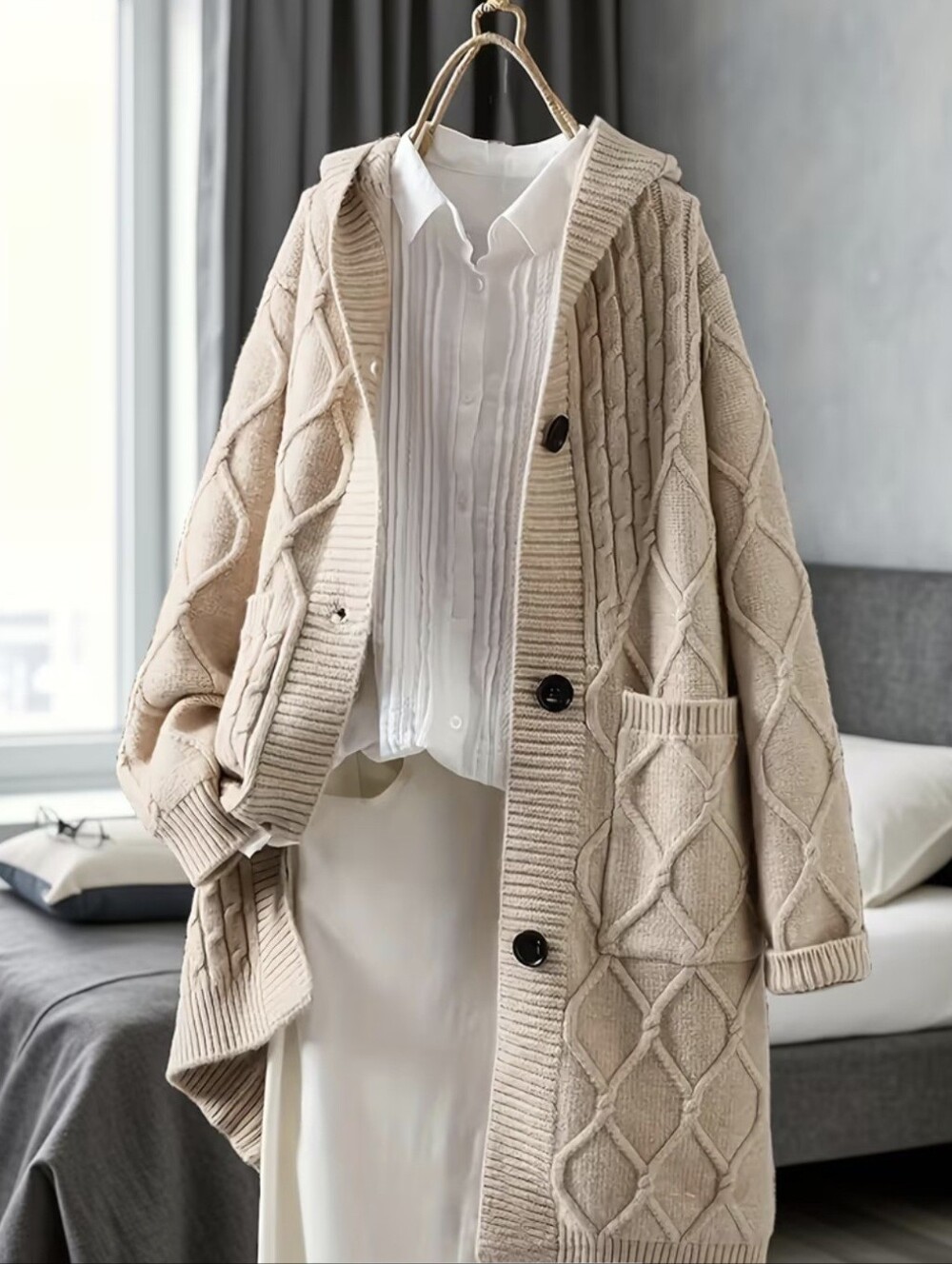 Irregular Twisted Rope Medium-Length Hooded Cardigan, Soft And Fluffy Texture
